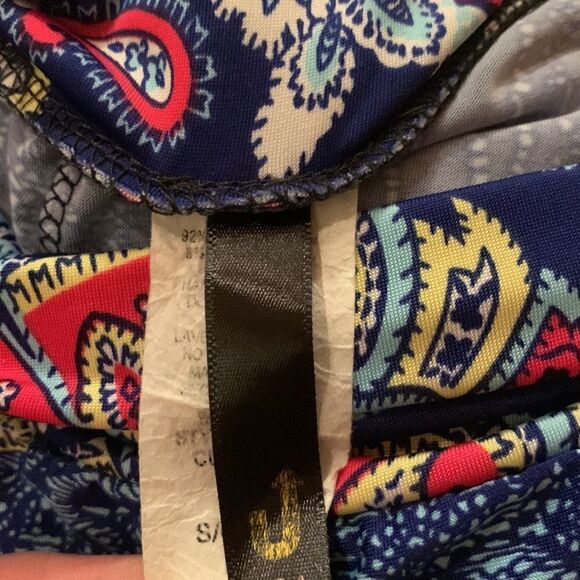 Blue/red/white print silky stretch palazzo pants. Wide waistband. Small. - Picture 6 of 6